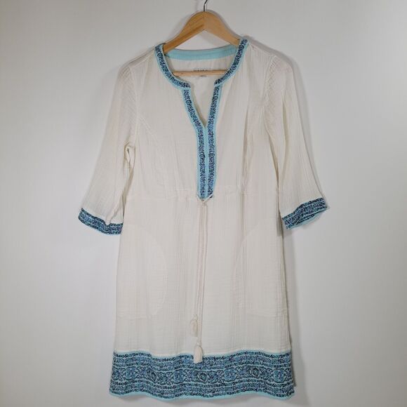J JILL Gauzy Cotton Boho Dress Size S Embroidered Drawstring Waist Tunic Coastal - Picture 11 of 12